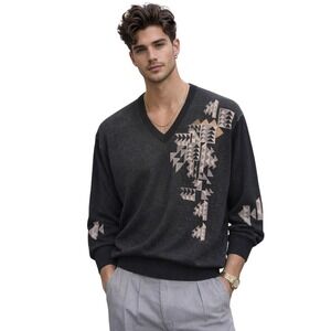 New Gabicci Vintage Mens XL Black Geometric V-Neck‎ Sweater Made in Italy